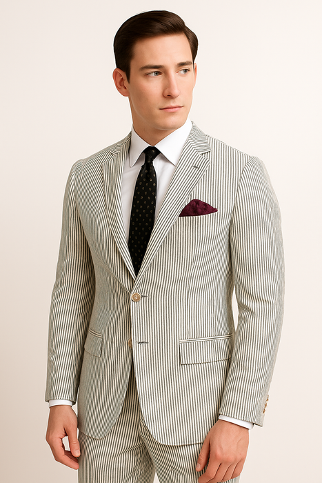 Men's 2pc Summer Seersucker Modern Fit Suit In Black Pinstripe