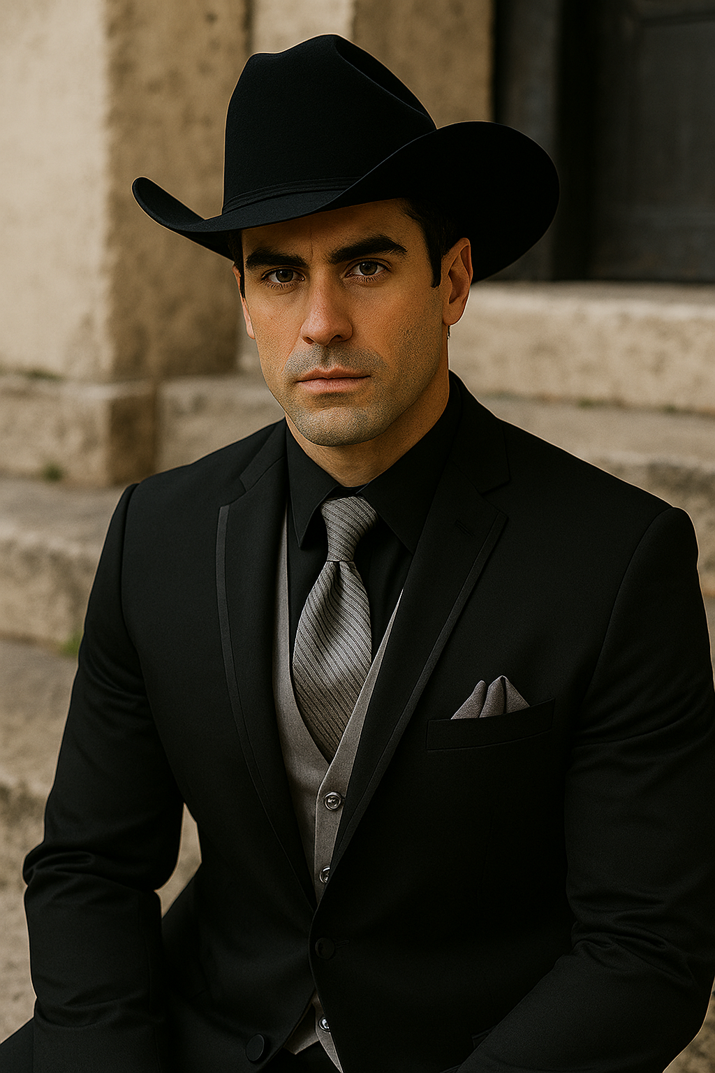 Men’s Black Western Tuxedo with Silver Vest & Cowboy Hat – Slim Fit