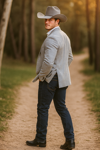 Western Cowboy Blazer for Men – Solid Grey with Modern Fit