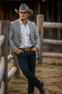 Western Cowboy Blazer for Men – Solid Grey with Modern Fit