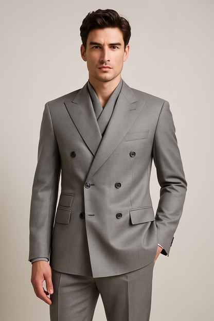 Tiglio Rosso Suit - Classic Fit Athletic Cut 100% Wool Super 150s Italian Fabric Peak Lapel Pleated Pants in Gray or Black or Navy Blue