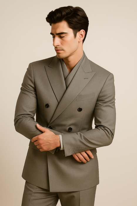 Tiglio Rosso Suit - Classic Fit Athletic Cut 100% Wool Super 150s Italian Fabric Peak Lapel Pleated Pants in Gray or Black or Navy Blue