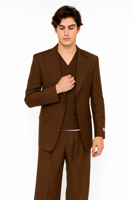 Tiglio Rosso Suit  - Classic Fit Athletic Cut 100% Wool Super 150s Italian Fabric Peak Lapel in Color Brown