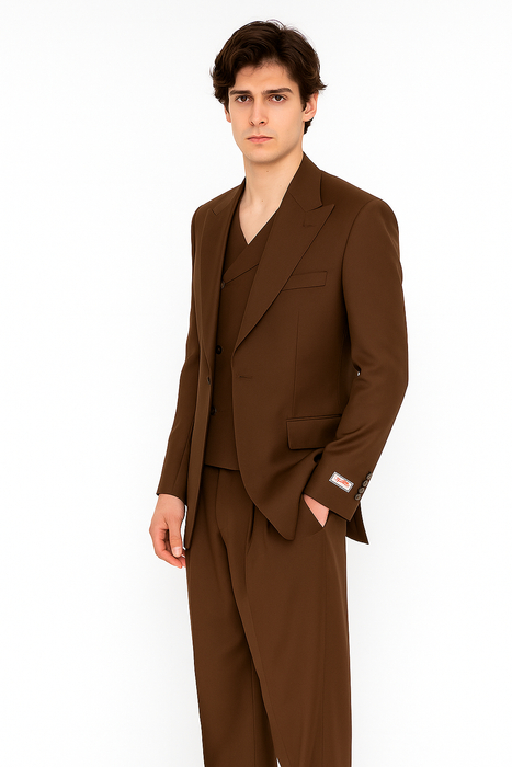 Tiglio Rosso Suit  - Classic Fit Athletic Cut 100% Wool Super 150s Italian Fabric Peak Lapel in Color Brown