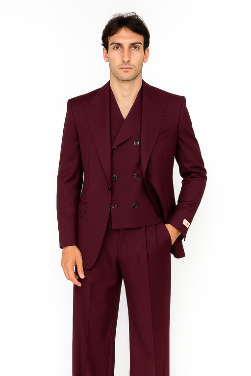 Tiglio Rosso Suit  - Classic Fit Athletic Cut 100% Wool Super 150s Italian Fabric Peak Lapel in Color Burgundy