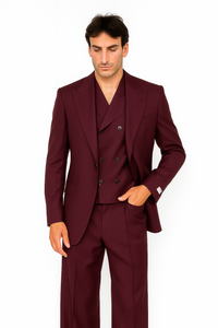 Tiglio Rosso Suit  - Classic Fit Athletic Cut 100% Wool Super 150s Italian Fabric Peak Lapel in Color Burgundy