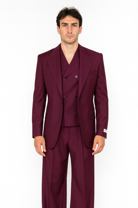 Tiglio Rosso Suit  - Classic Fit Athletic Cut 100% Wool Super 150s Italian Fabric Peak Lapel in Color Burgundy