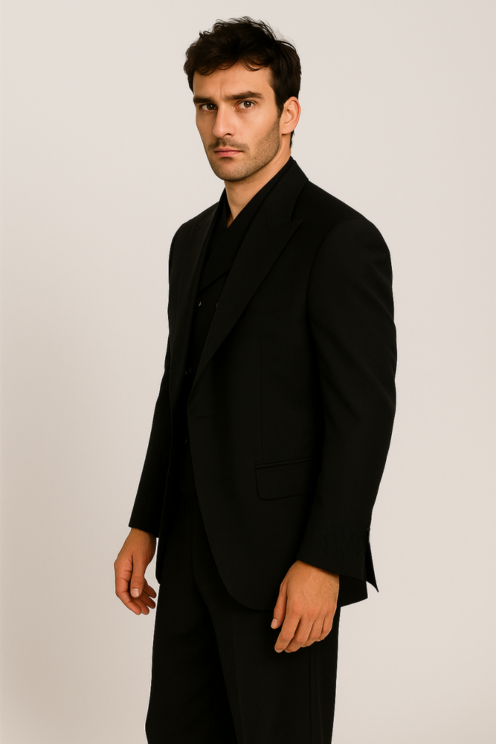 Tiglio Rosso Suit  - Classic Fit Athletic Cut 100% Wool Super 150s Italian Fabric Peak Lapel in Color Black