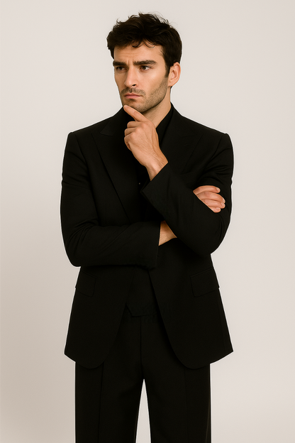 Tiglio Rosso Suit  - Classic Fit Athletic Cut 100% Wool Super 150s Italian Fabric Peak Lapel in Color Black