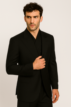 Tiglio Rosso Suit  - Classic Fit Athletic Cut 100% Wool Super 150s Italian Fabric Peak Lapel in Color Black