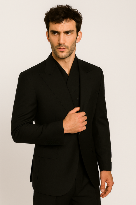 Tiglio Rosso Suit  - Classic Fit Athletic Cut 100% Wool Super 150s Italian Fabric Peak Lapel in Color Black