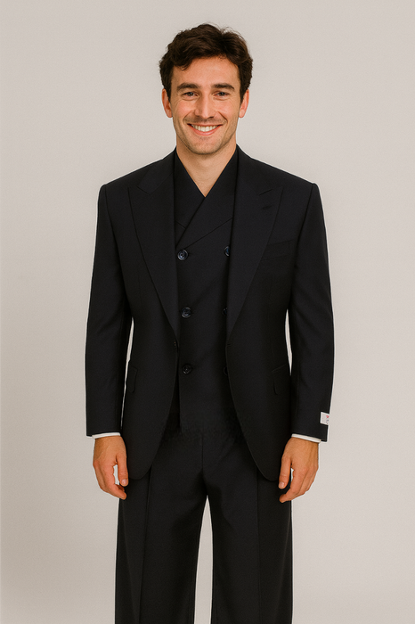 Tiglio Rosso Suit  - Classic Fit Athletic Cut 100% Wool Super 150s Italian Fabric Peak Lapel in Color Navy
