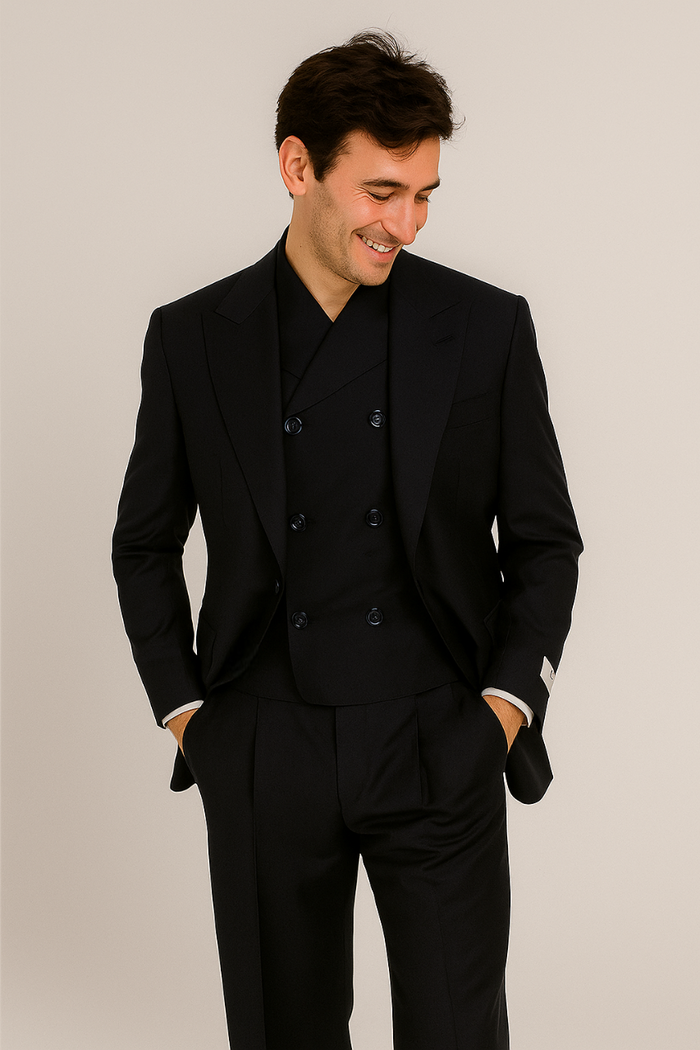 Tiglio Rosso Suit  - Classic Fit Athletic Cut 100% Wool Super 150s Italian Fabric Peak Lapel in Color Navy