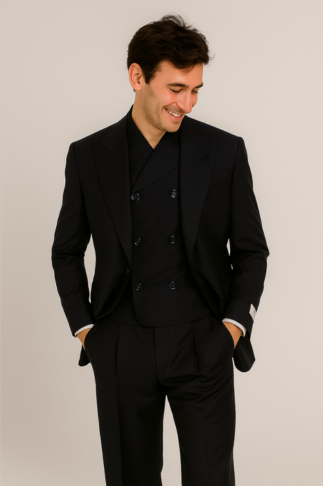 Tiglio Rosso Suit  - Classic Fit Athletic Cut 100% Wool Super 150s Italian Fabric Peak Lapel in Color Navy