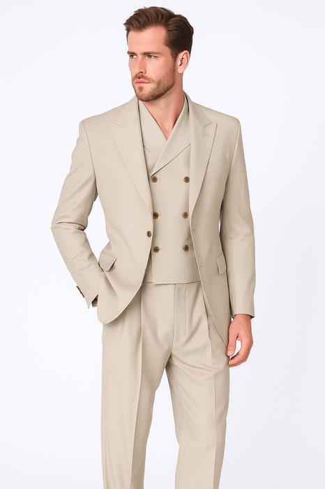 Tiglio Rosso Suit  - Classic Fit Athletic Cut 100% Wool Super 150s Italian Fabric Peak Lapel in Color Tan