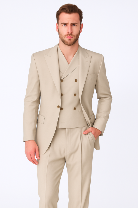 Tiglio Rosso Suit  - Classic Fit Athletic Cut 100% Wool Super 150s Italian Fabric Peak Lapel in Color Tan