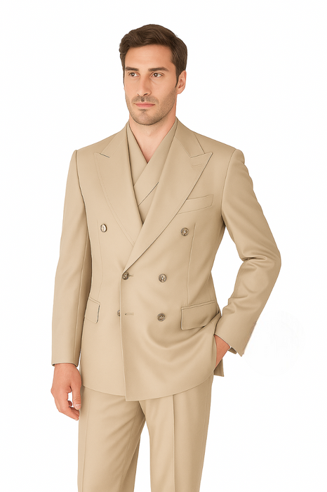 Tiglio Rosso Suit  - Classic Fit Athletic Cut 100% Wool Super 150s Italian Fabric Peak Lapel in Color Light Tan