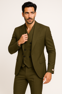 Tiglio Rosso Suit  - Classic Fit Athletic Cut 100% Wool Super 150s Italian Fabric Peak Lapel in Color Olive
