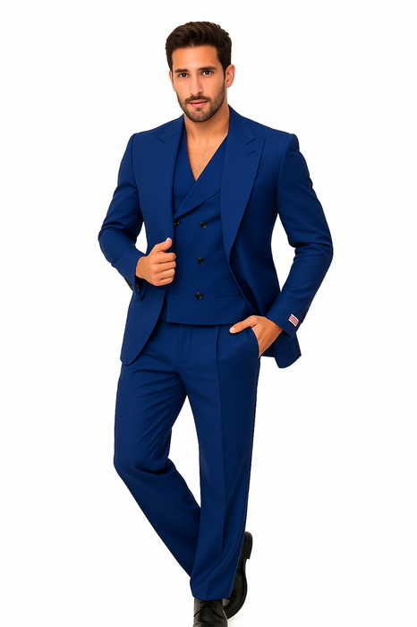 Tiglio Rosso Suit  - Classic Fit Athletic Cut 100% Wool Super 150s Italian Fabric Peak Lapel in Color Blue