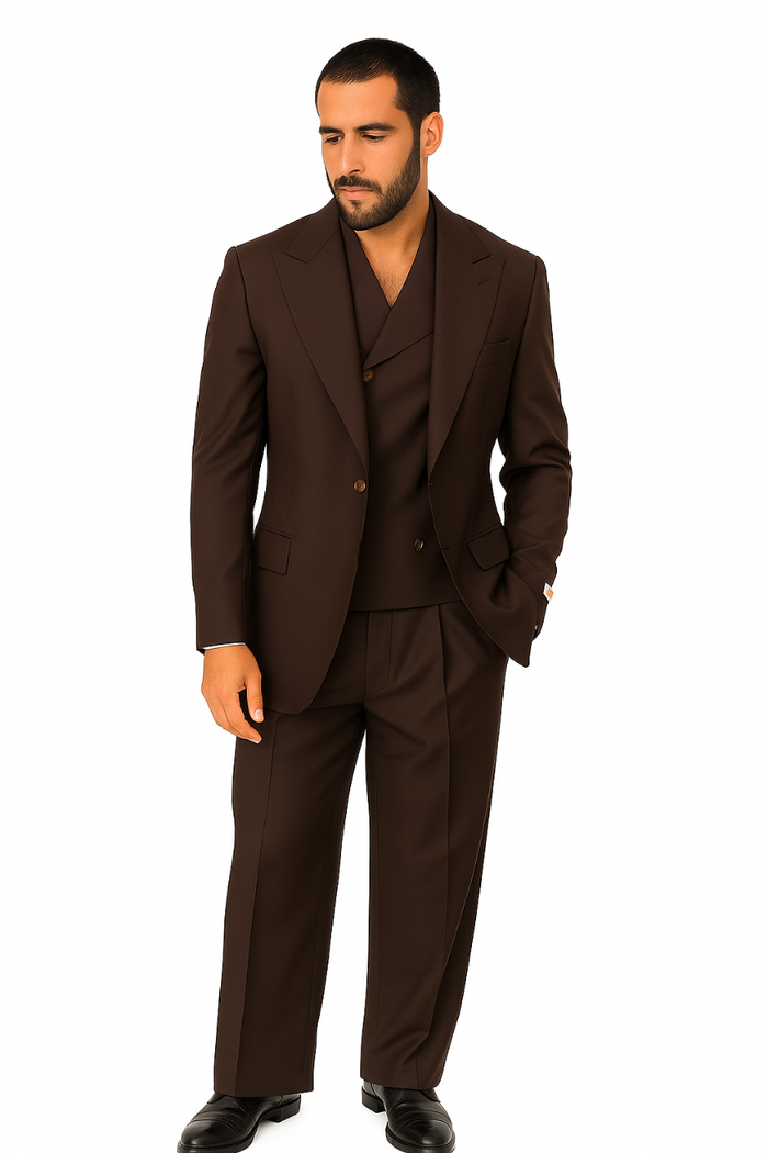 Tiglio Rosso Suit  - Classic Fit Athletic Cut 100% Wool Super 150s Italian Fabric Peak Lapel in Color Chocolate Brown