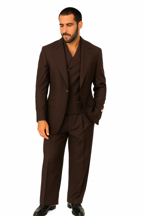 Tiglio Rosso Suit  - Classic Fit Athletic Cut 100% Wool Super 150s Italian Fabric Peak Lapel in Color Chocolate Brown