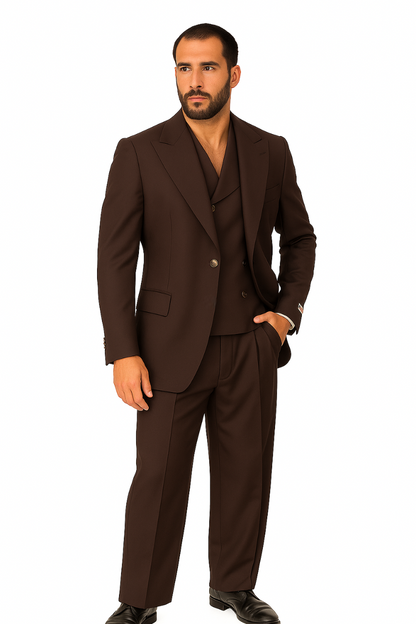 Tiglio Rosso Suit  - Classic Fit Athletic Cut 100% Wool Super 150s Italian Fabric Peak Lapel in Color Chocolate Brown