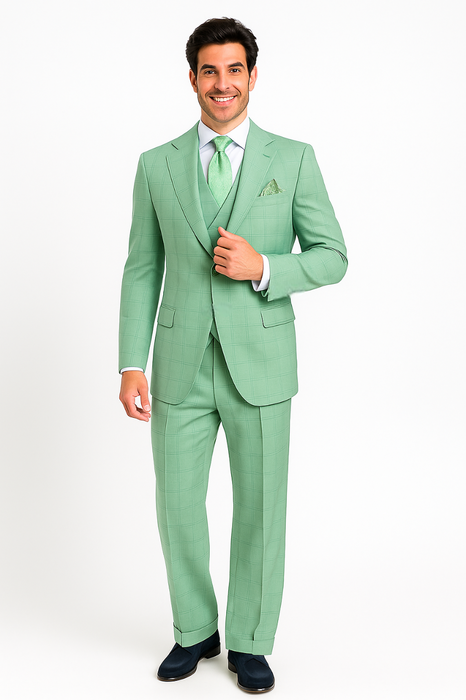 Tiglio Rosso Suit  - Classic Fit Athletic Cut 100% Wool Super 150s Italian Fabric Peak Lapel in Color Mint Green