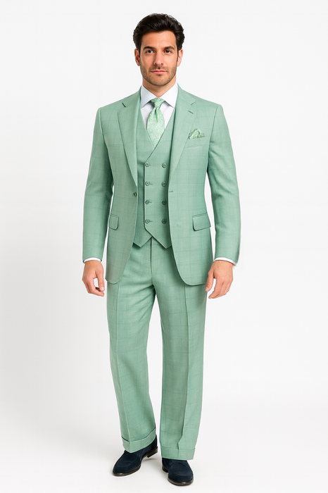 Tiglio Rosso Suit  - Classic Fit Athletic Cut 100% Wool Super 150s Italian Fabric Peak Lapel in Color Mint Green