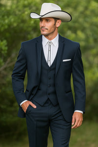 2 Button Vested Satin Trim Lapel Cowboy Tuxedo in Navy - Image 6