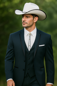 2 Button Vested Satin Trim Lapel Cowboy Tuxedo in Navy