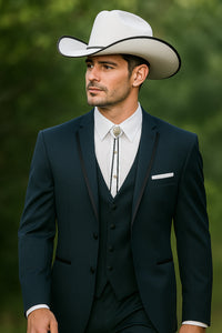 2 Button Vested Satin Trim Lapel Cowboy Tuxedo in Navy - Image 8