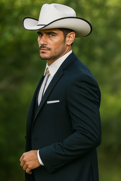 2 Button Vested Satin Trim Lapel Cowboy Tuxedo in Navy
