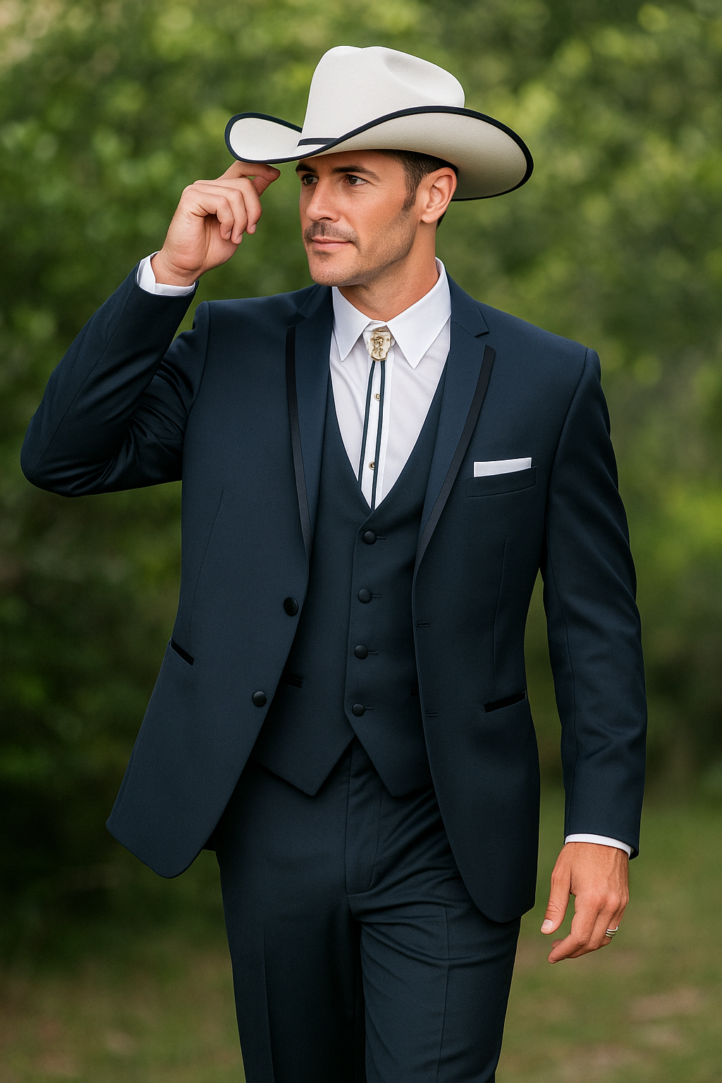 2 Button Vested Satin Trim Lapel Cowboy Tuxedo in Navy - Image 4
