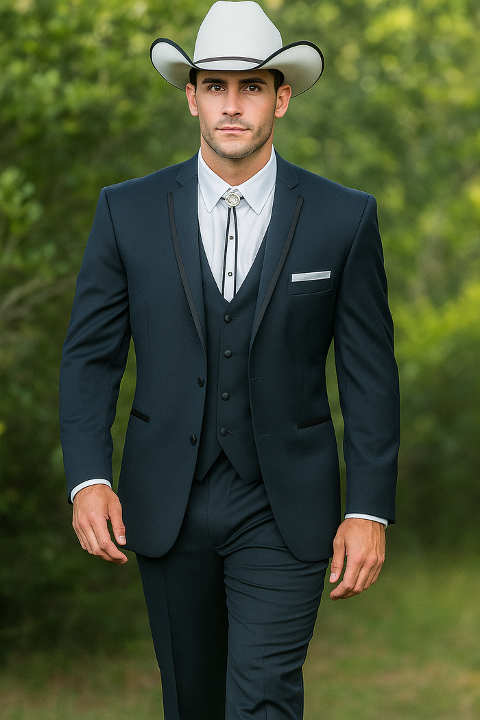 2 Button Vested Satin Trim Lapel Cowboy Tuxedo in Navy - Image 5