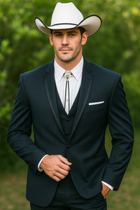 2 Button Vested Satin Trim Lapel Cowboy Tuxedo in Navy