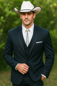 2 Button Vested Satin Trim Lapel Cowboy Tuxedo in Navy - Image 3