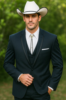 2 Button Vested Satin Trim Lapel Cowboy Tuxedo in Navy - Image 3