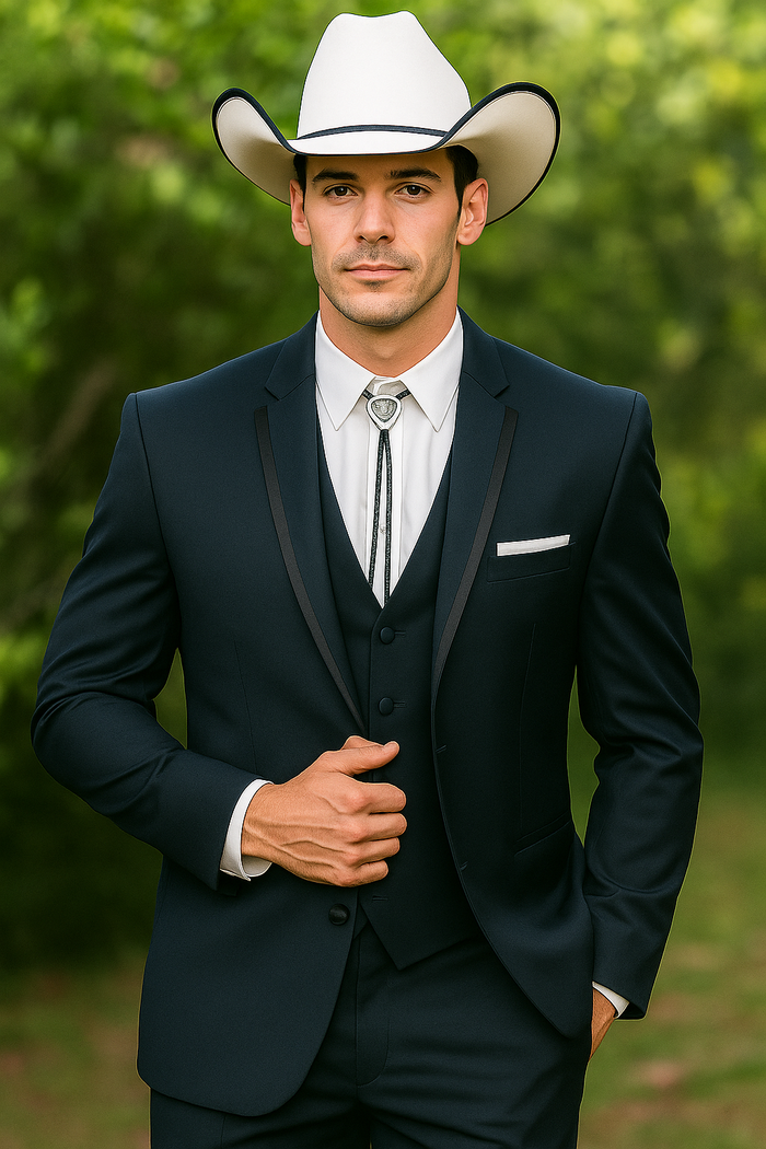 2 Button Vested Satin Trim Lapel Cowboy Tuxedo in Navy - Image 7