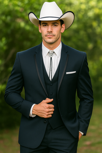 2 Button Vested Satin Trim Lapel Cowboy Tuxedo in Navy