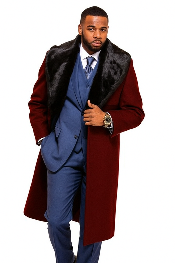Burgundy Overcoat ~ Long Men's Dress Topcoat -  Winter coat With Fur Collar in and Fabric - Image 5
