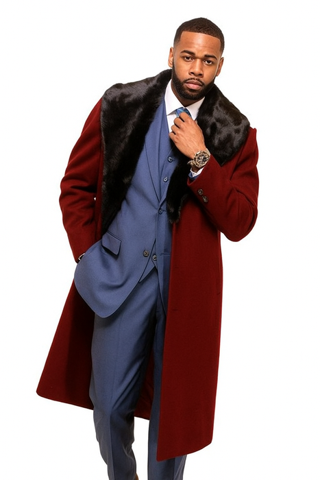 Burgundy Overcoat ~ Long Men's Dress Topcoat -  Winter coat With Fur Collar in and Fabric