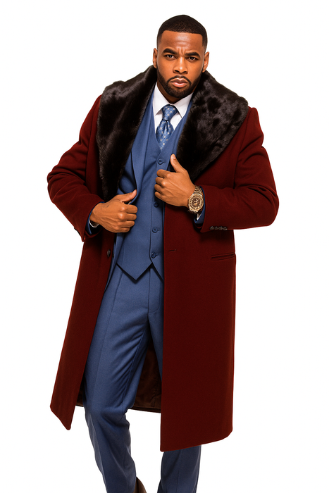 Burgundy Overcoat ~ Long Men's Dress Topcoat -  Winter coat With Fur Collar in and Fabric