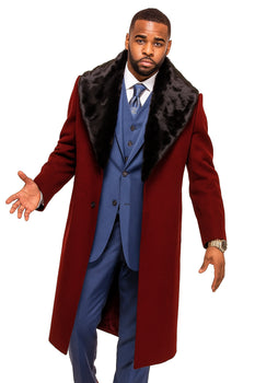 Burgundy Overcoat ~ Long Men's Dress Topcoat -  Winter coat With Fur Collar in and Fabric - Image 3