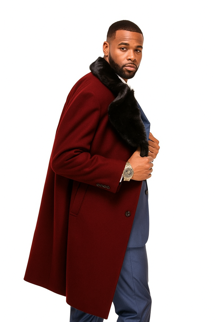 Burgundy Overcoat ~ Long Men's Dress Topcoat -  Winter coat With Fur Collar in and Fabric - Image 4