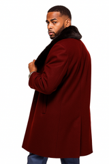 Burgundy Overcoat ~ Long Men's Dress Topcoat -  Winter coat With Fur Collar in and Fabric - Image 2
