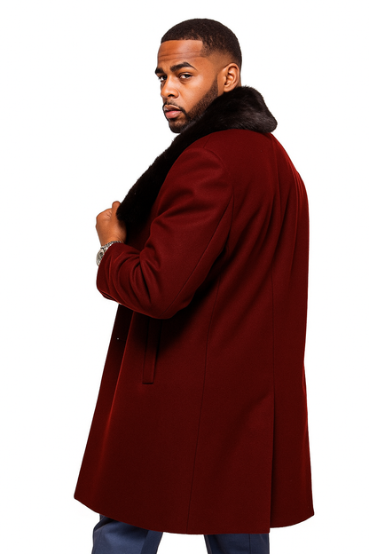 Burgundy Overcoat ~ Long Men's Dress Topcoat -  Winter coat With Fur Collar in and Fabric - Image 2