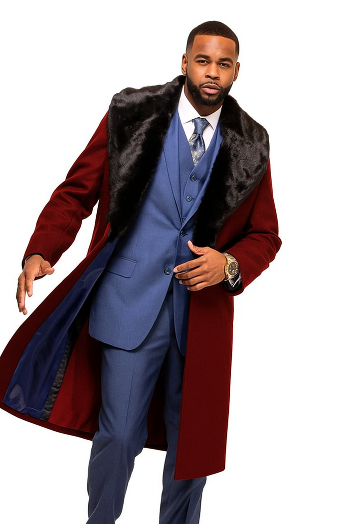 Burgundy Overcoat ~ Long Men's Dress Topcoat -  Winter coat With Fur Collar in and Fabric - Image 6
