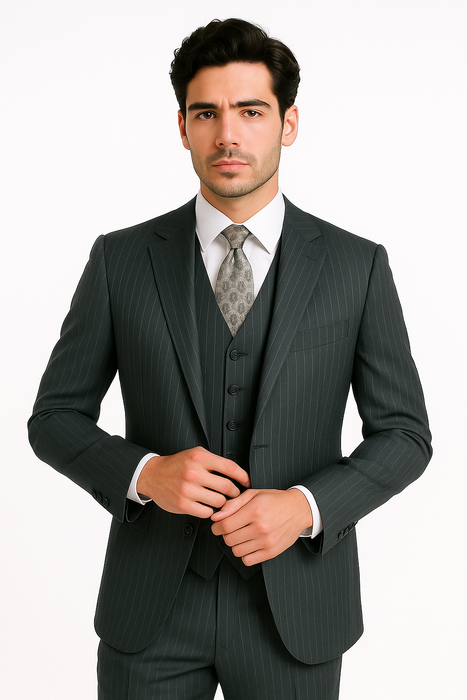 Charcoal Pinstripe 3 Piece 2 Button single three piece suit