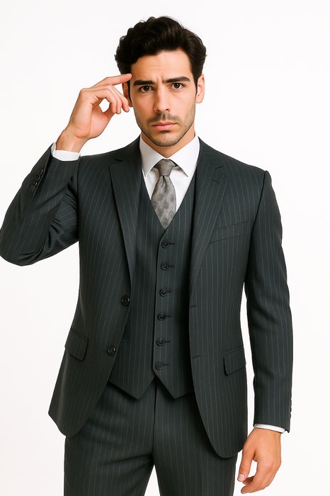 Charcoal Pinstripe 3 Piece 2 Button single three piece suit