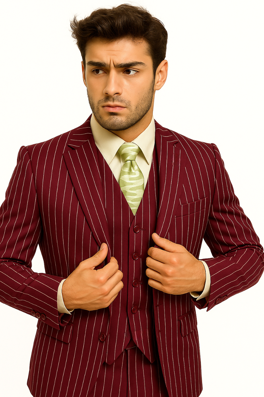 mens-gangster-pinstripe-2-button-double-breasted-vest-suit-in-hunter-or-burgundy Modern Fit